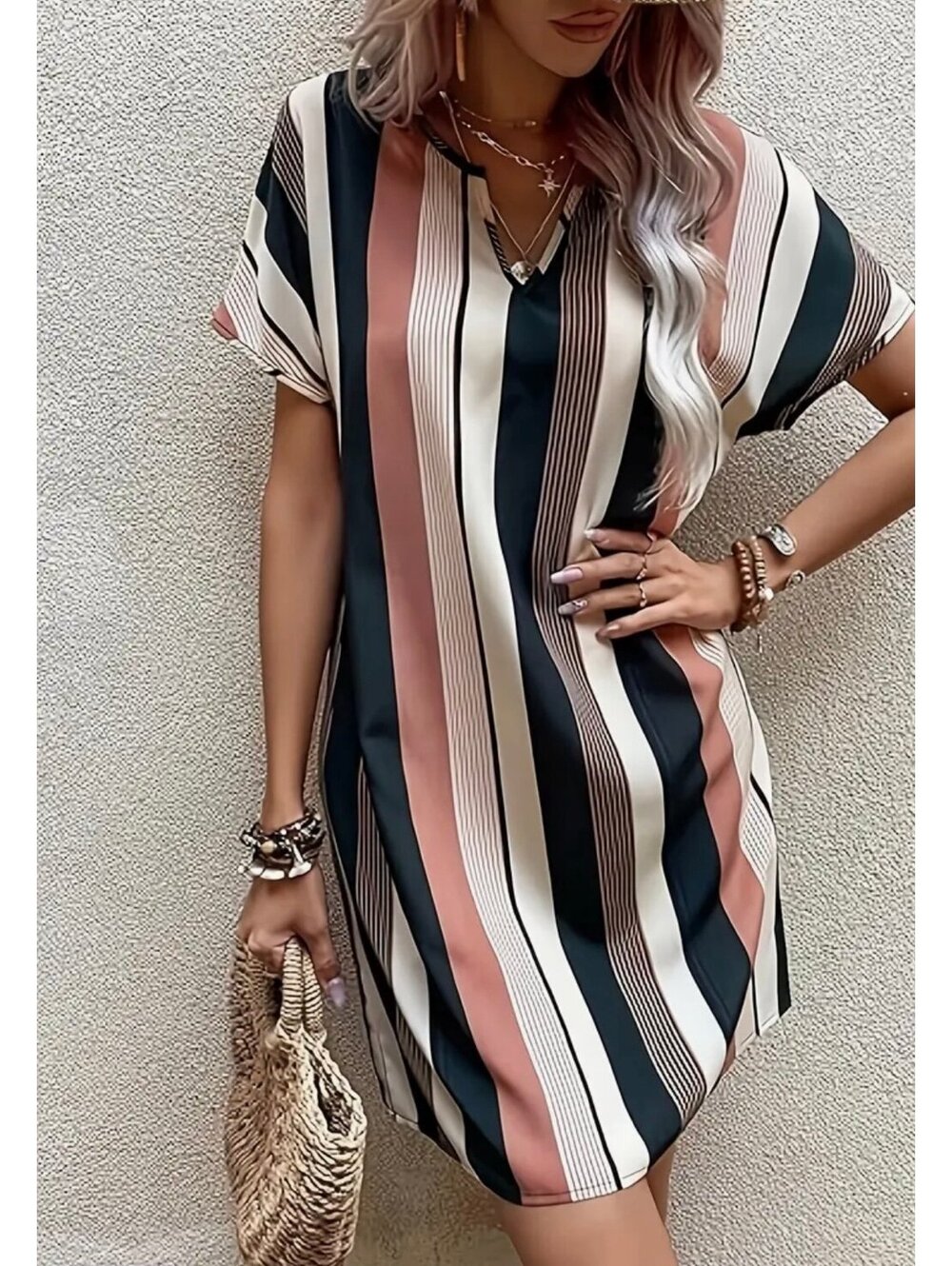 New - Chic - Striped Print - V-Neck Mini Dress - Size L 8/10